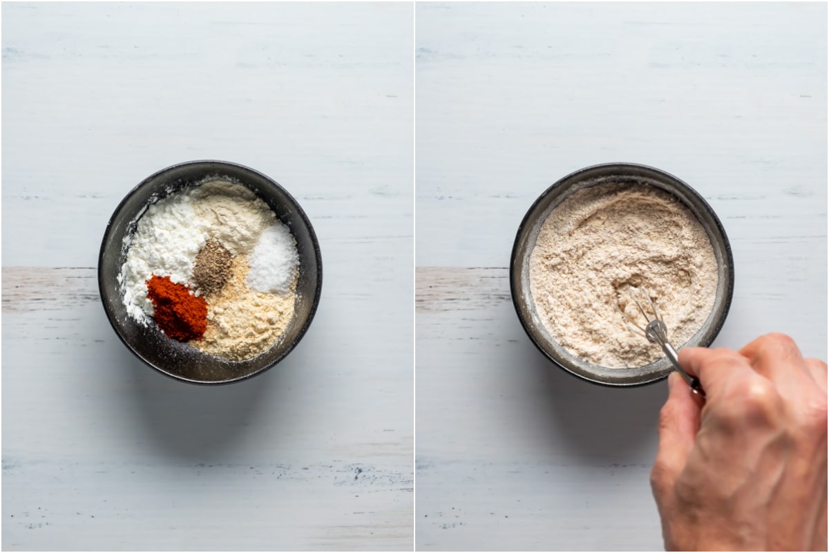 Two photo collage showing cornstarch and spices added to a small bowl and mixed together.