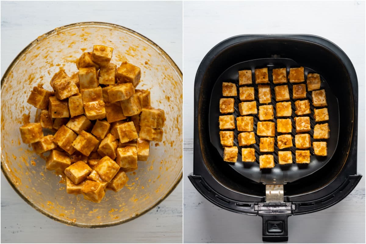 Two photo collage showing the tofu cubes coated in sauce and spices in a bowl and then laid out in the air fryer.