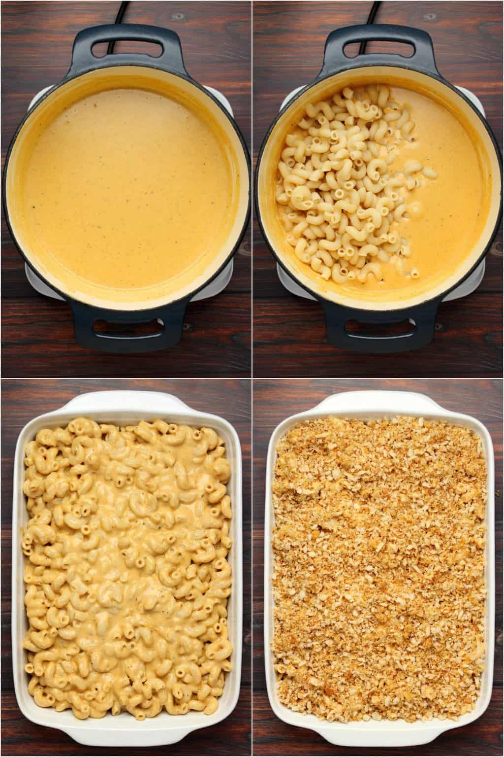 Step by step process photo collage of making vegan mac and cheese. 