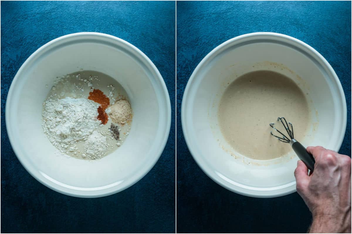 Two photo collage showing ingredients added to a mixing bowl and whisked into a batter.