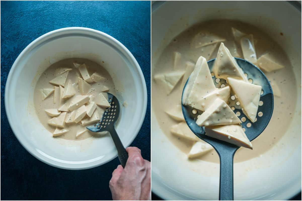 Two photo collage showing tofu triangles added to batter and coated with batter.