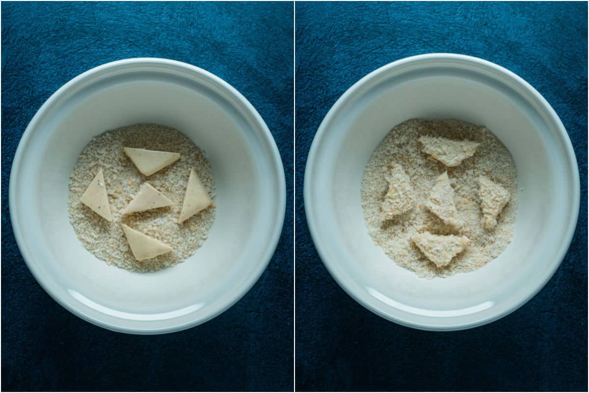 Two photo collage showing tofu triangles placed in breadcrumbs bowl and coated with breadcrumbs.