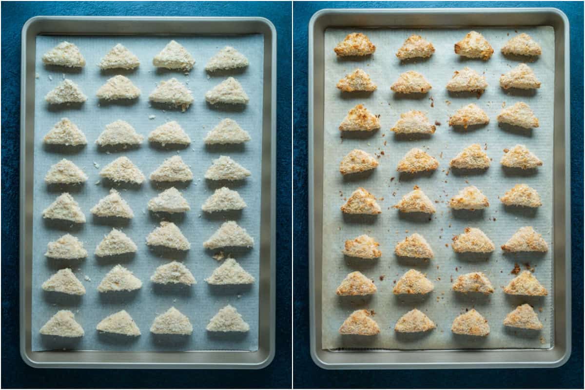 Two photo collage showing breaded tofu triangles placed on parchment lined tray and baked.