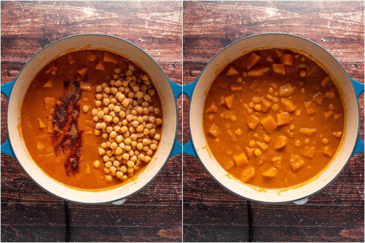 Two photo collage showing chickpeas and coconut sugar added to pot and mixed in.