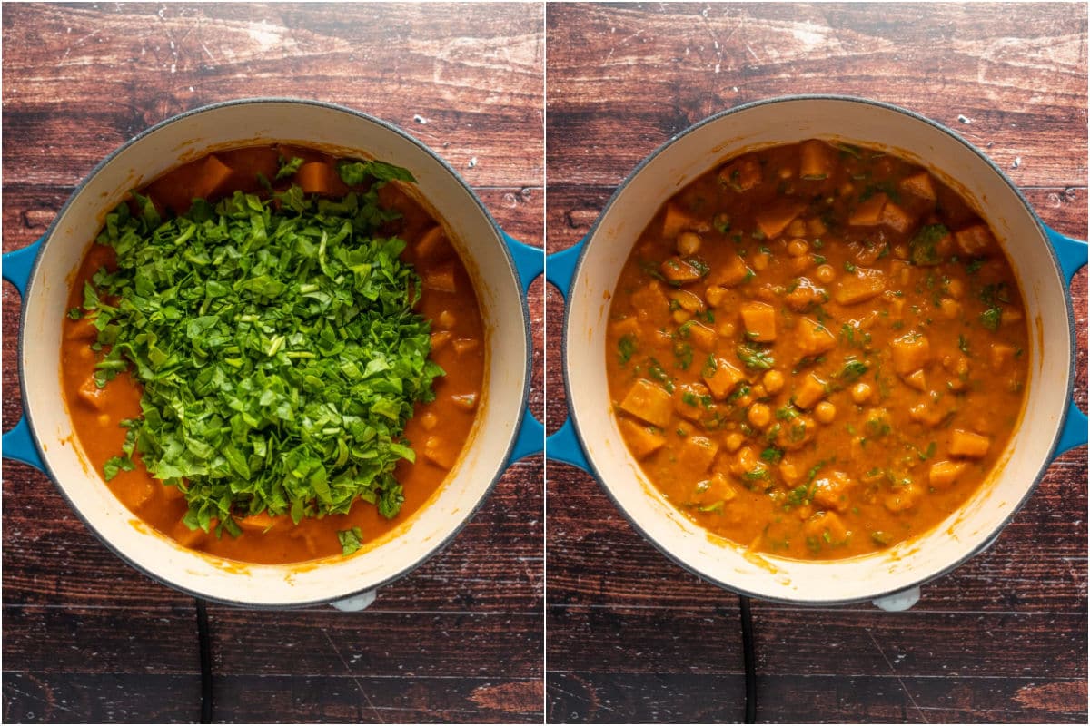 Two photo collage showing chopped baby spinach added to pot and mixed in.