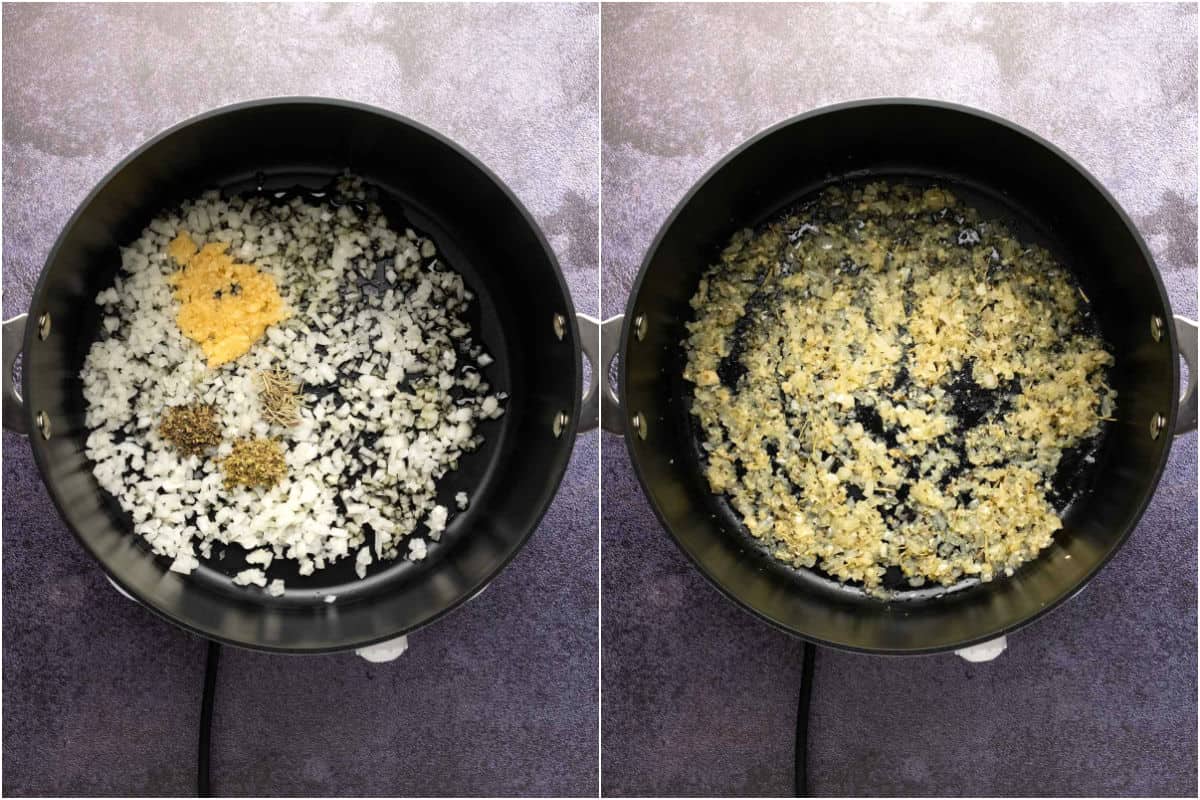 Two photo collage showing onions, garlic, olive oil and spices added to pot and sautéed. 