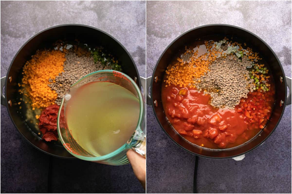Two photo collage showing veggies, lentils, vegetable stock and chopped tomato added to pot.