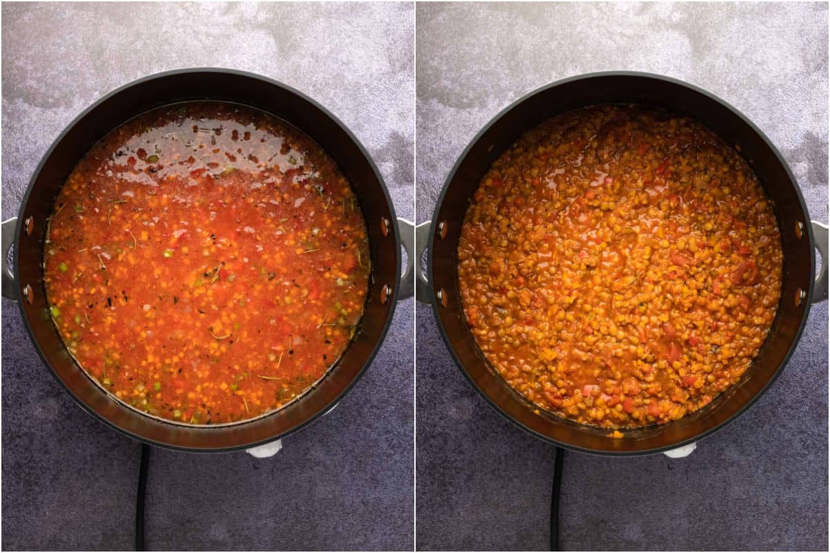 Two photo collage showing ingredients for lentil bolognese mixed together in a pot and then cooked.