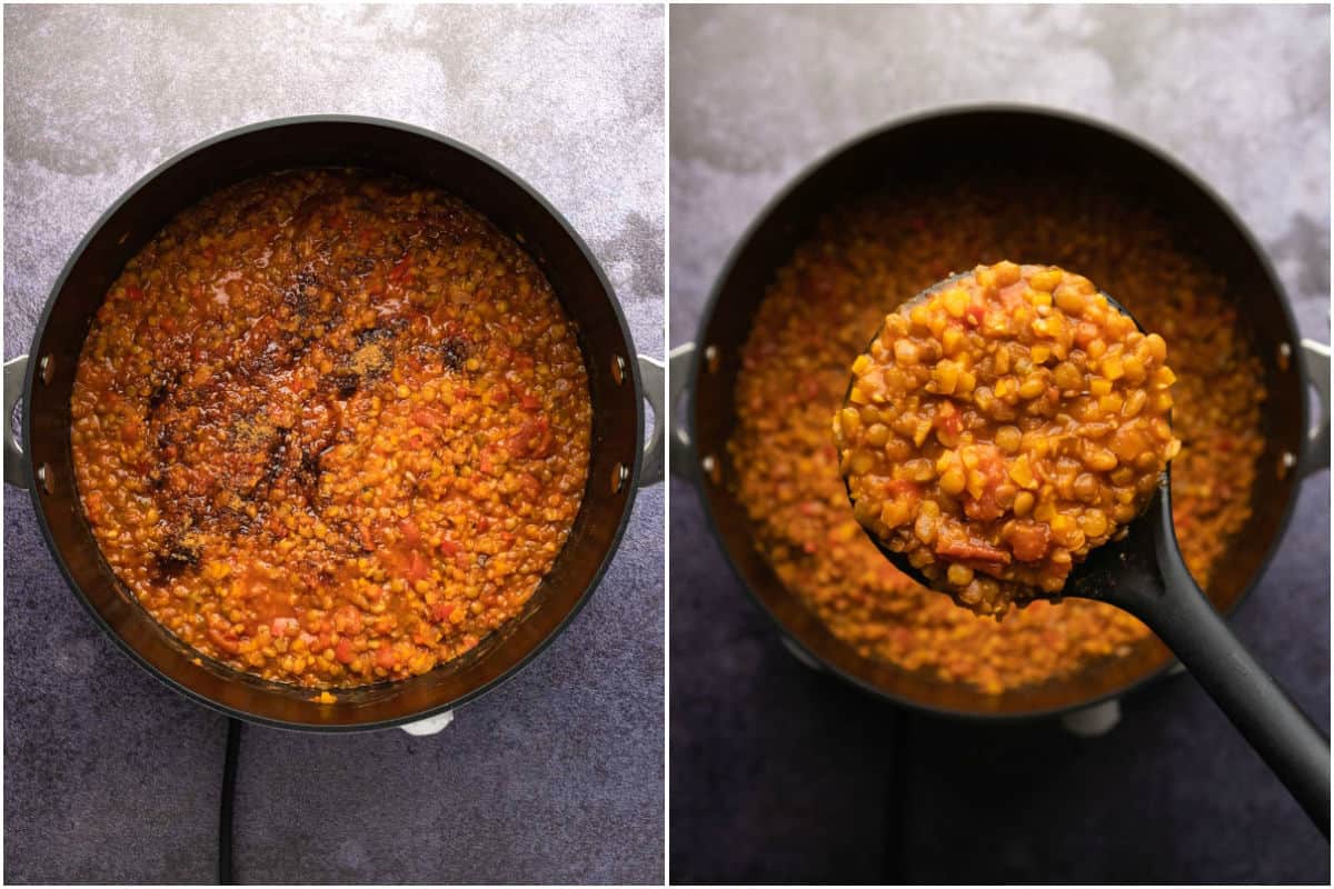 Two photo collage showing coconut sugar added to bolognese and mixed in.
