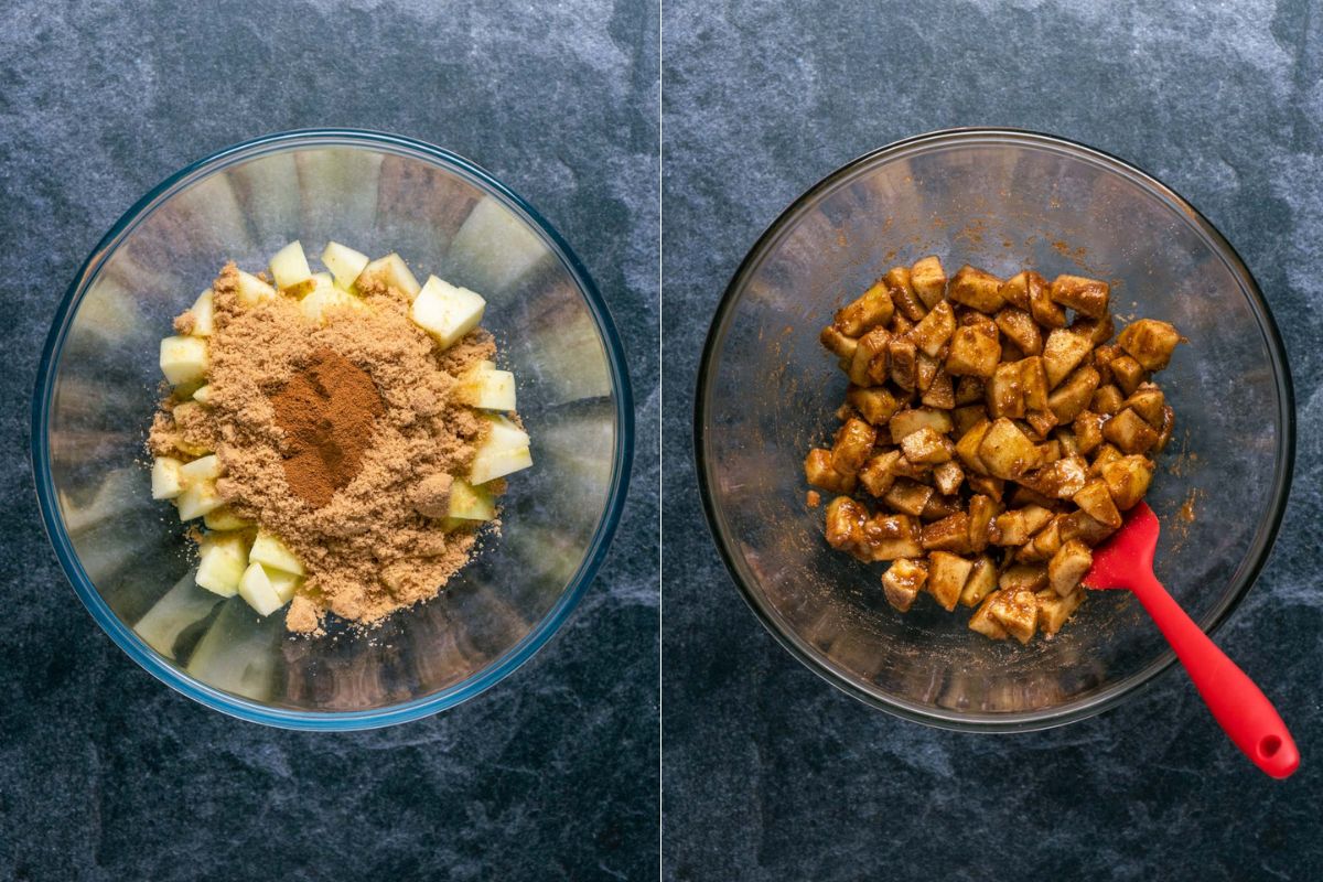 Add chopped apples, brown sugar and spices to a mixing bowl and mix.