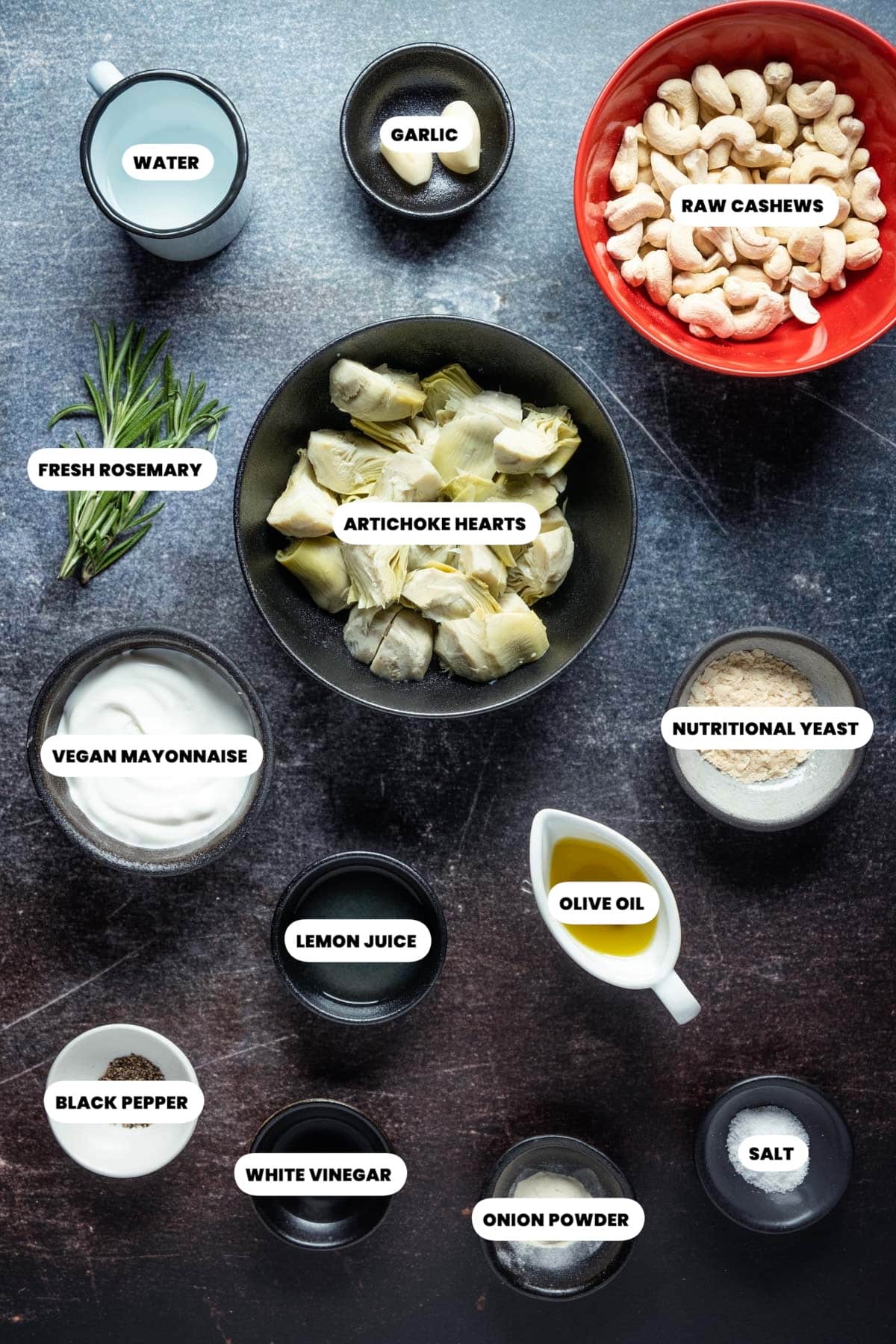 Ingredients for vegan artichoke dip.