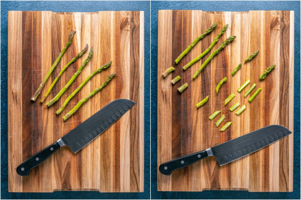 Collage of two photos showing asparagus spears on a wooden cutting board and then cut into pieces.