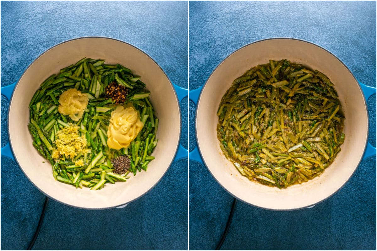 Two photo collage showing vegan butter, garlic, lemon and spices added to pot and sautéed.