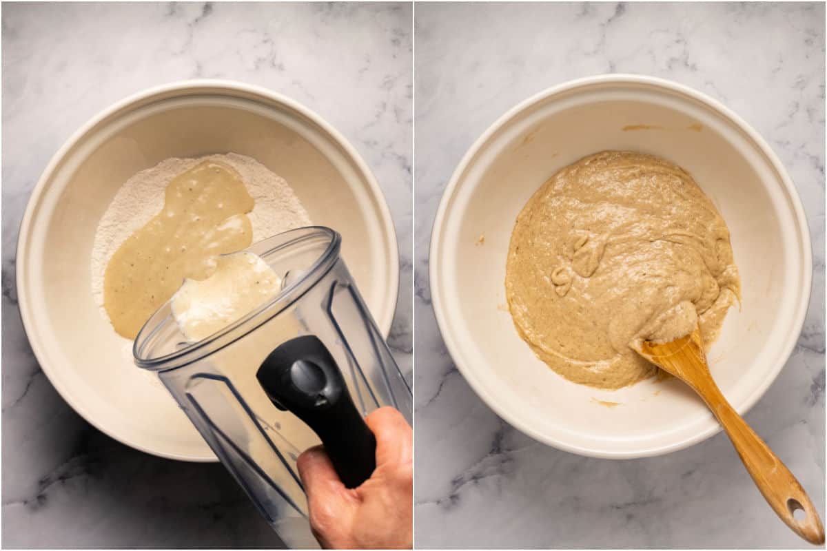 Two photo collage showing wet ingredients added to dry and then mixed. 