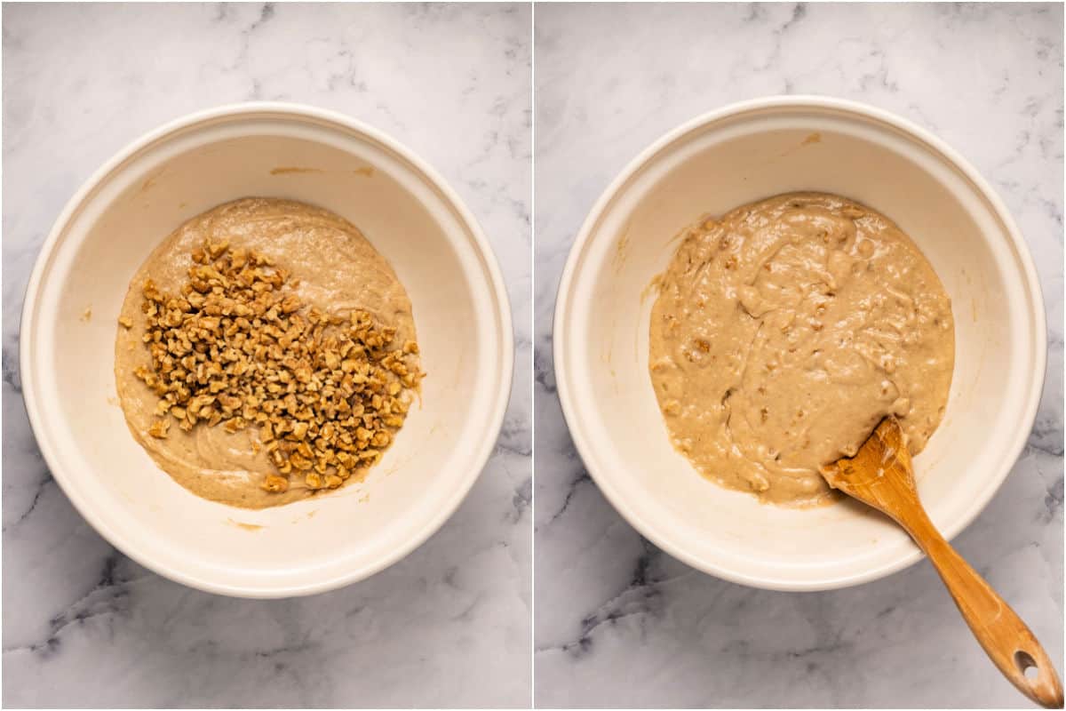 Collage of two photos showing chopped walnuts added to batter and mixed in. 