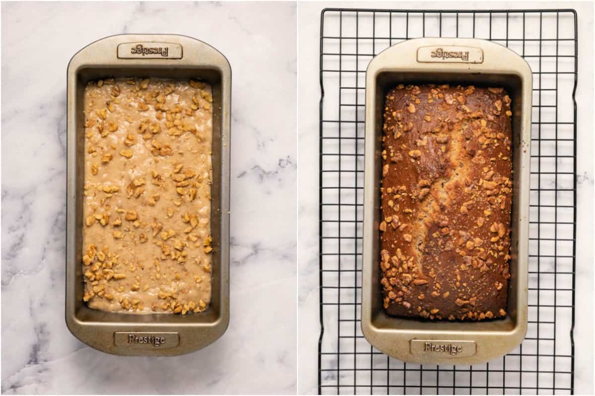 Two photo collage showing banana bread before and after baking. 