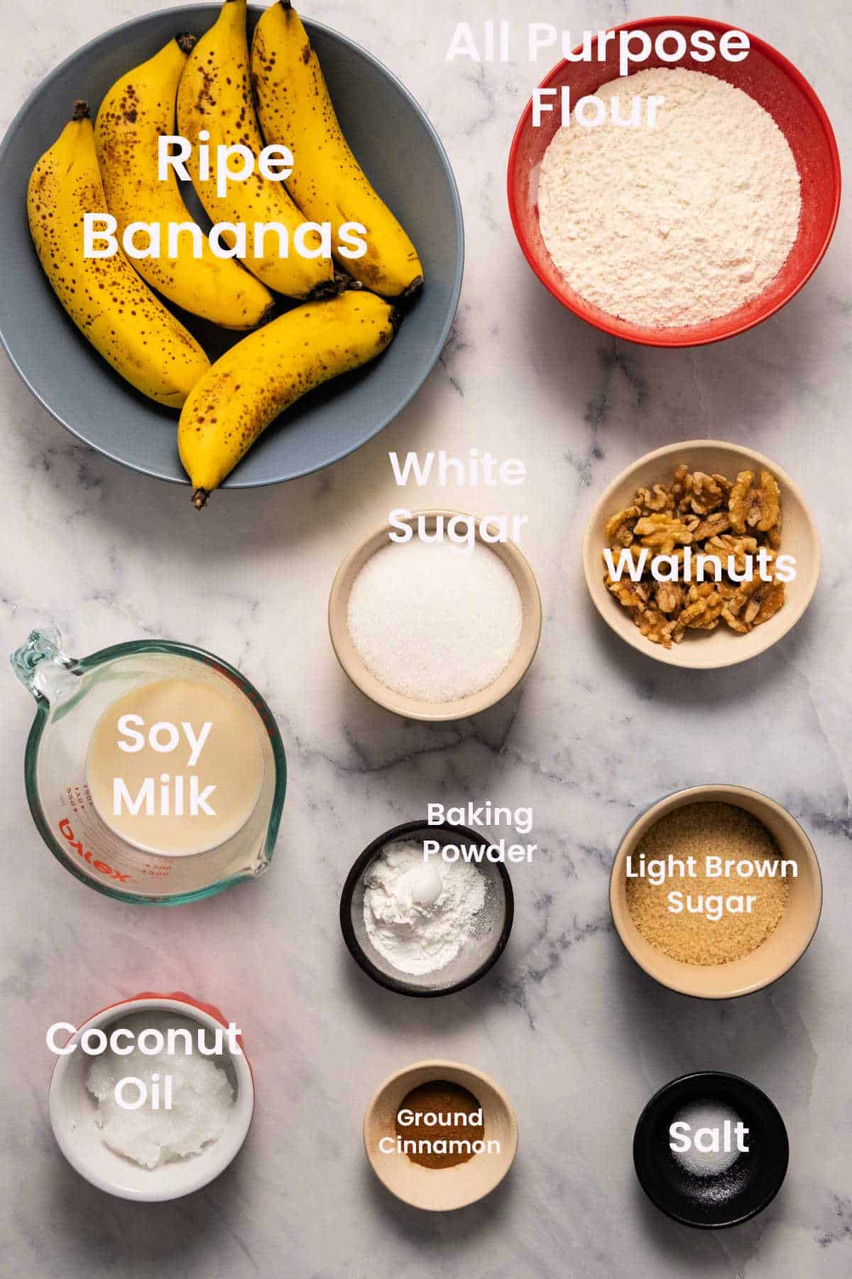 Ingredients to make vegan banana bread.
