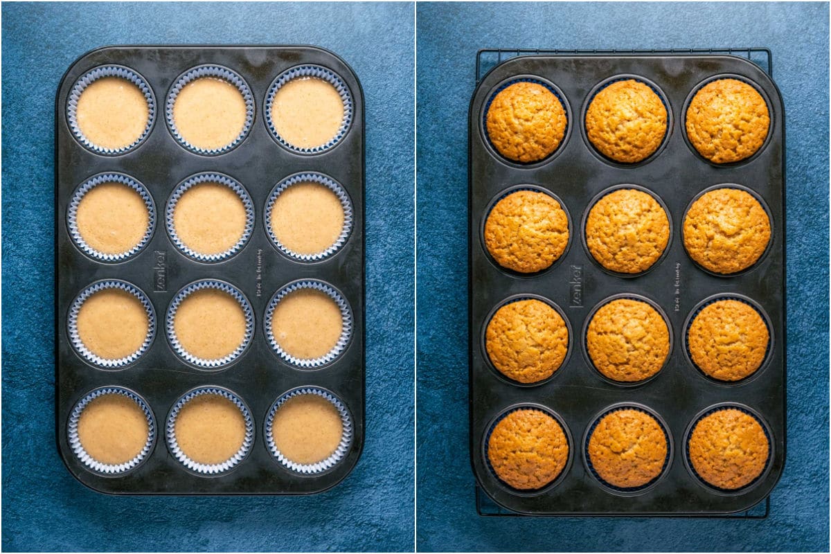 Cupcakes in a cupcake tray before and after baking.