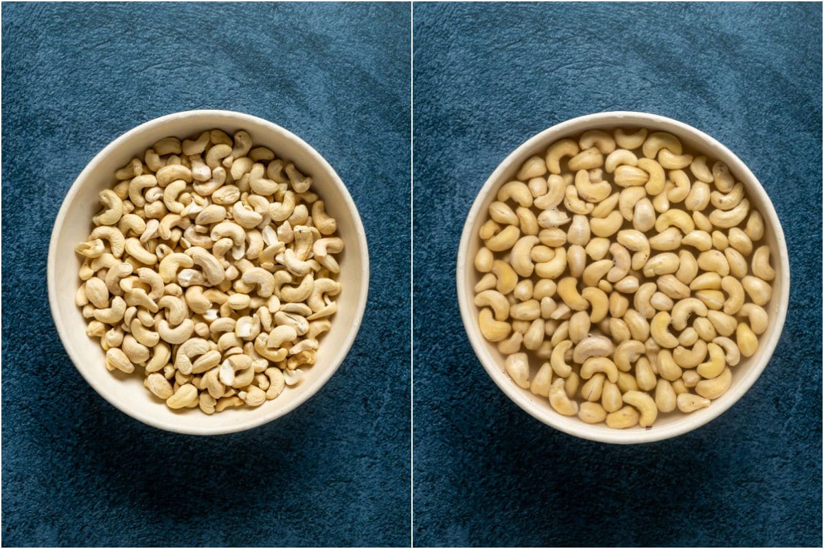 Two photo collage showing cashews added to bowl and then water added so the cashews are submerged.