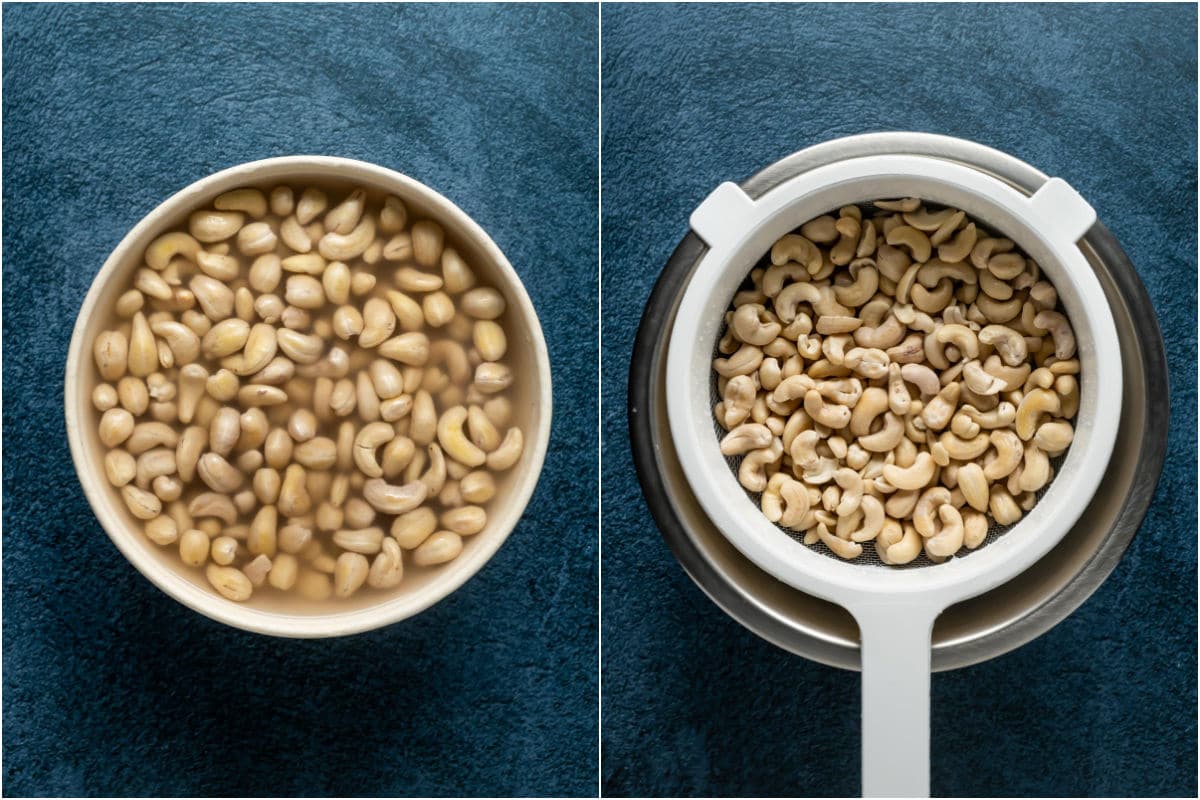 Two photo collage showing soaked cashews in a bowl and then draining them in a sieve.