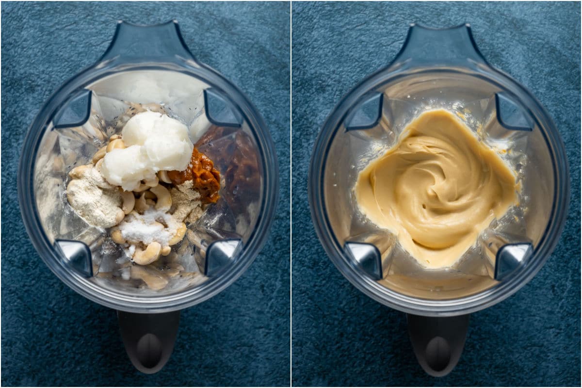Two photo collage showing ingredients for vegan blue cheese added to blender and blended.