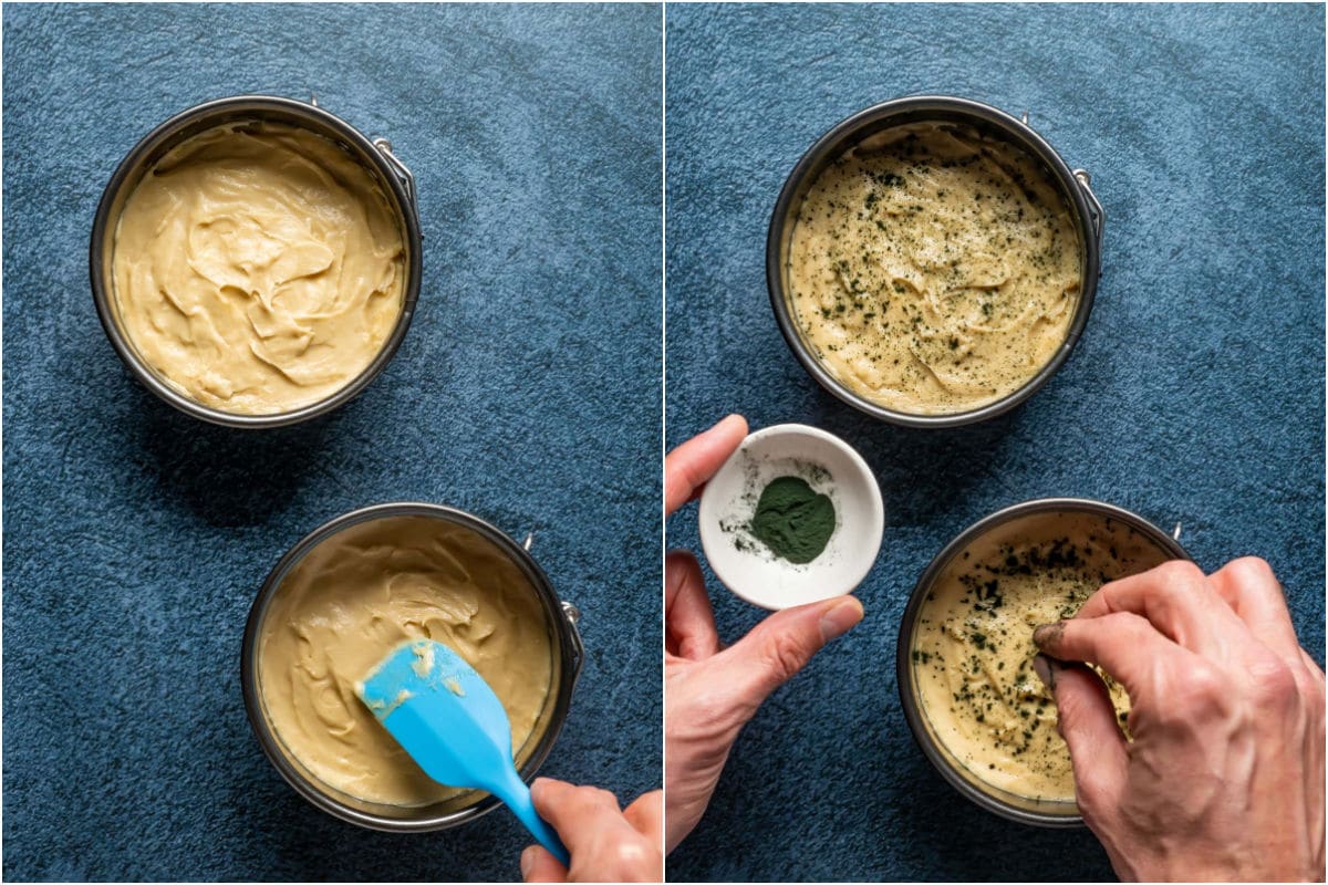 Two photo collage showing vegan blue cheese added to spring form pans, smoothed down and then topped with spirulina.