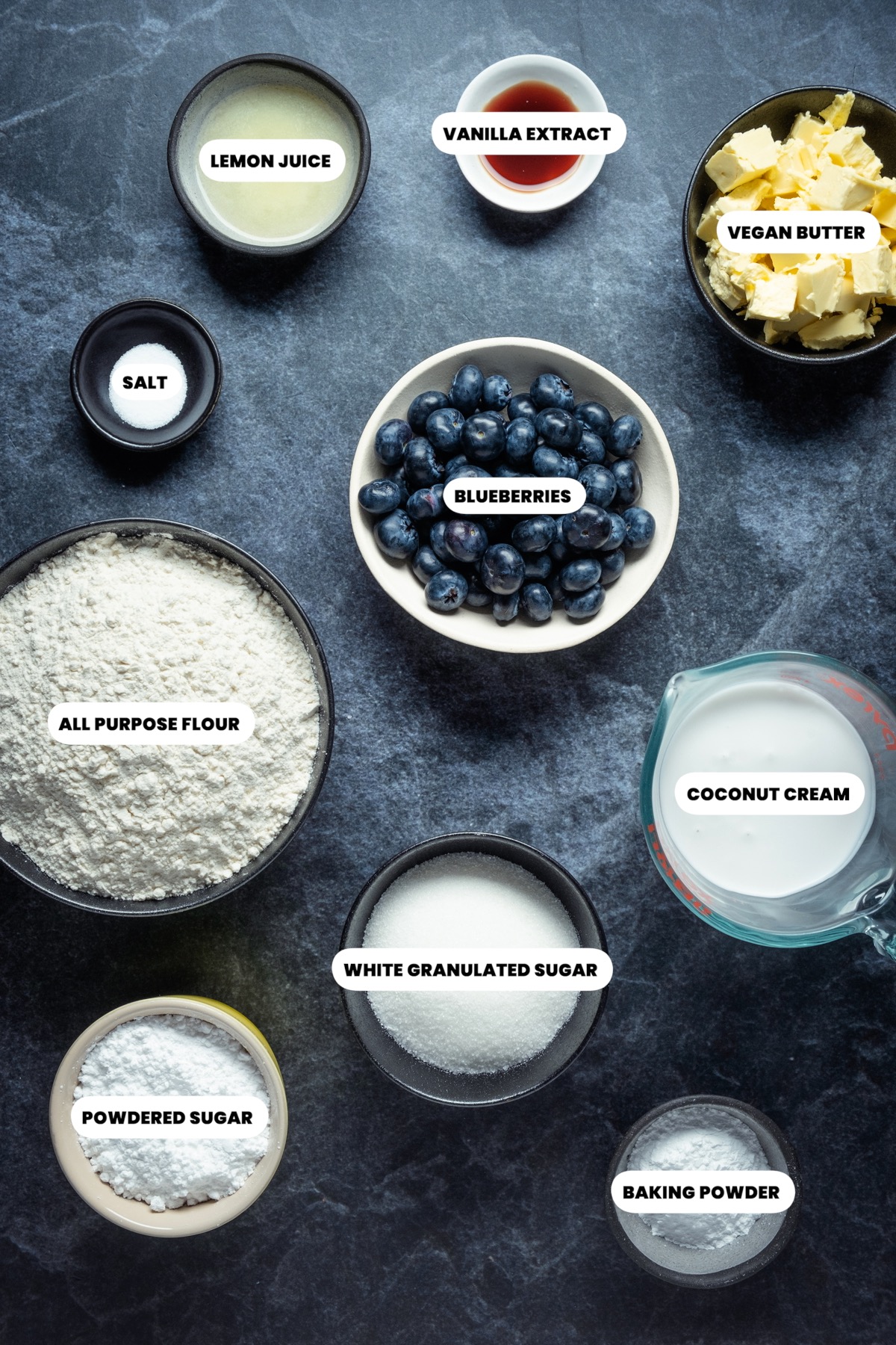 Ingredients for vegan blueberry scones.