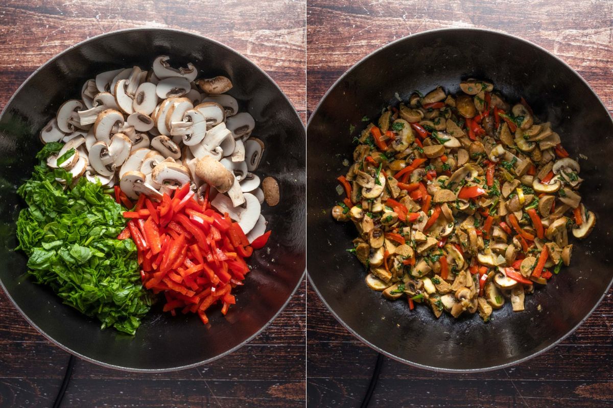 Add mushrooms, peppers and spinach to sausage mix and mix together.