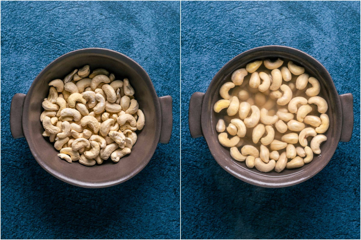 Two photo collage showing cashews added to a bowl and then hot water poured over the top.