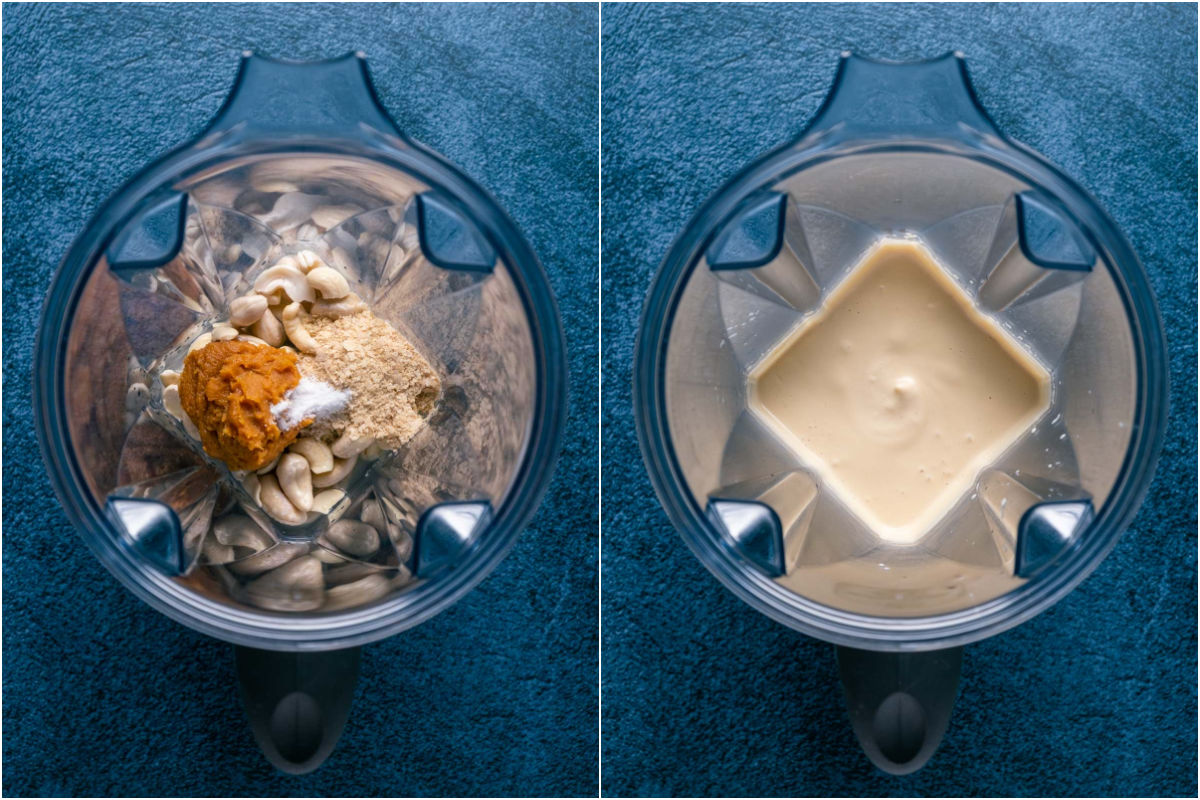 Two photo collage showing ingredients for vegan brie added to blender jug and blended.