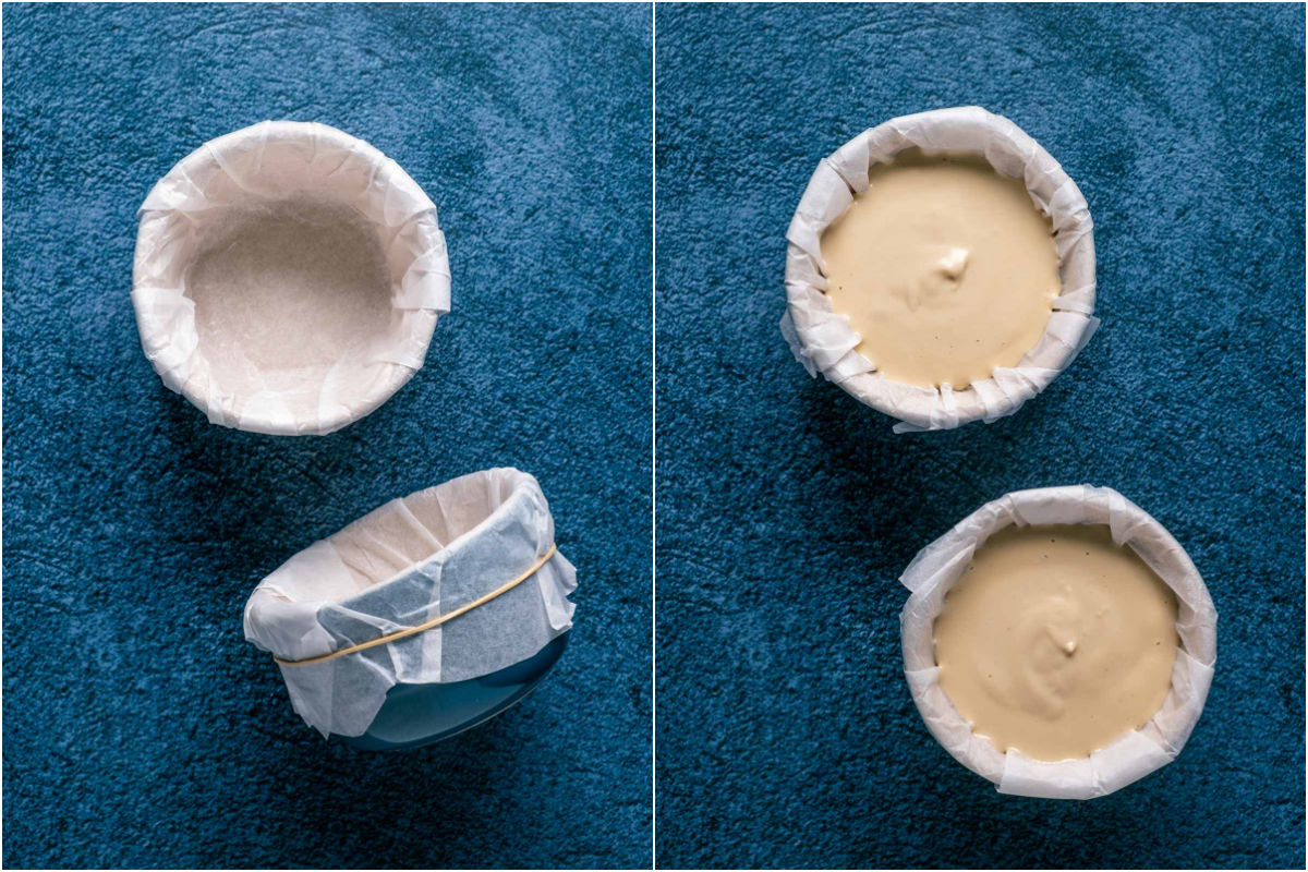 Two photo collage showing parchment lined ramekins and then filled with brie cheese mix.
