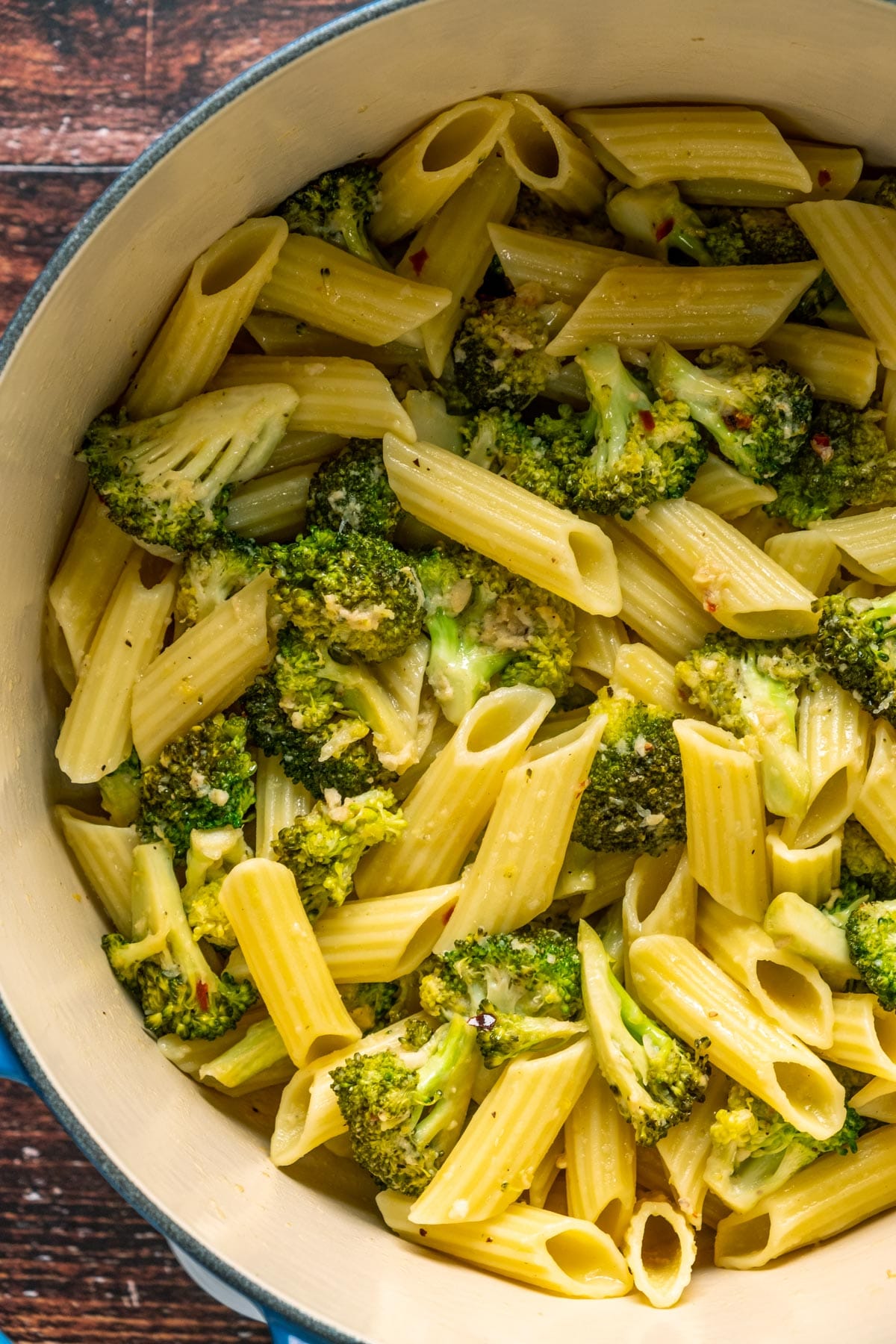 Vegan broccoli pasta in a pot.