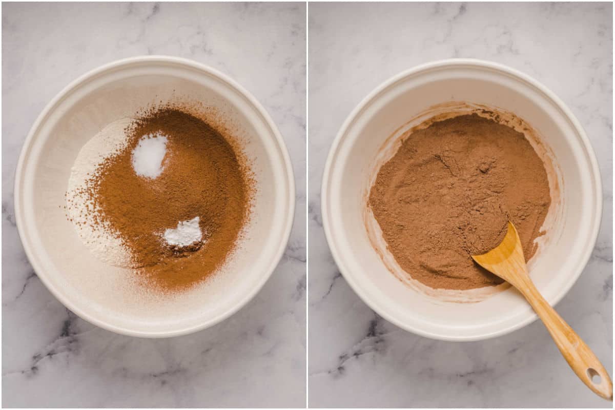 Collage of two photos showing dry ingredients added to mixing bowl and mixed.