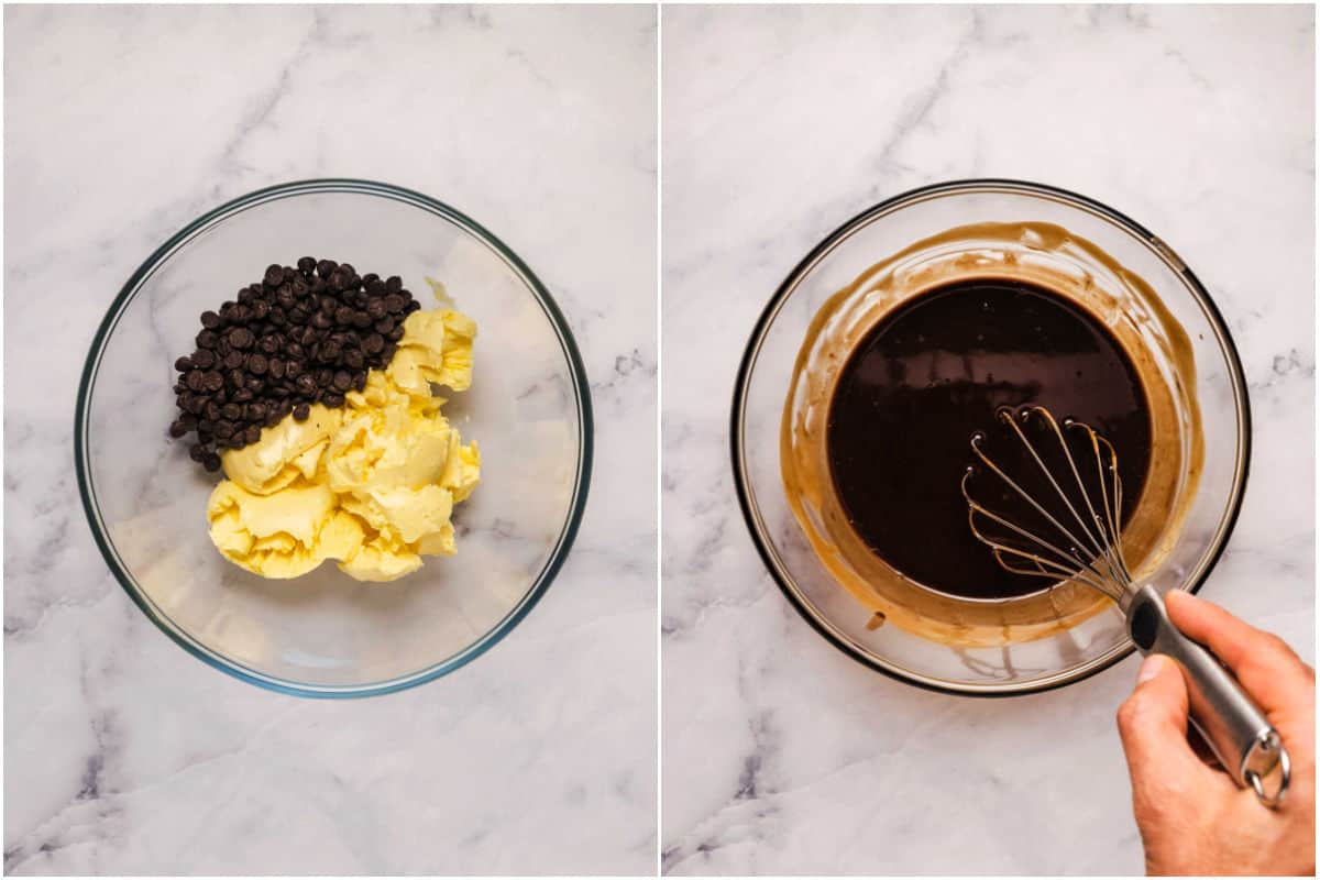 Two photo collage showing vegan butter and chocolate chips added to microwave safe bowl and melted.