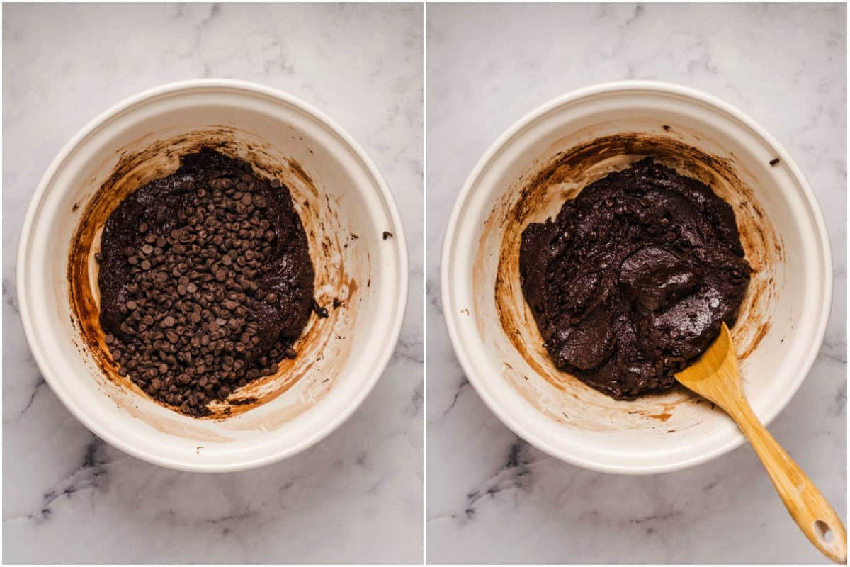 Collage of two photos showing chocolate chips added to mixing bowl and mixed in.