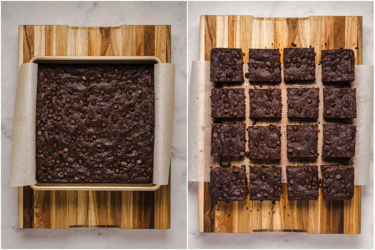 Two photo collage showing freshly baked brownies in baking dish and then placed onto wooden board and cut into squares.