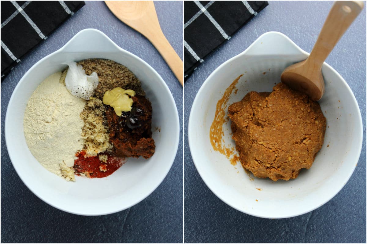 Two photo collage showing ingredients added to mixing bowl and mixed into a burger mix.