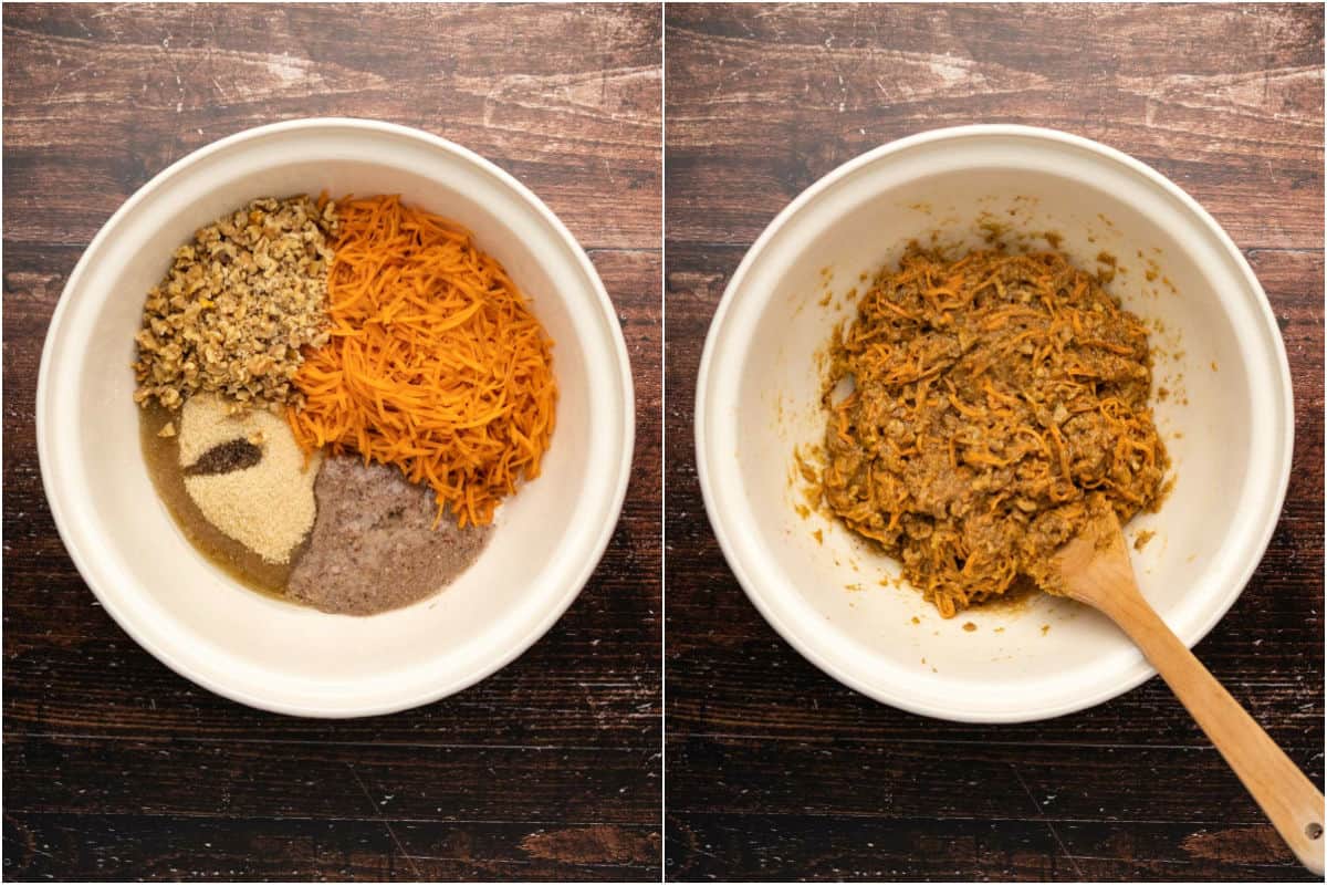 Two photo collage showing wet ingredients added to mixing bowl and mixed into a thick batter.