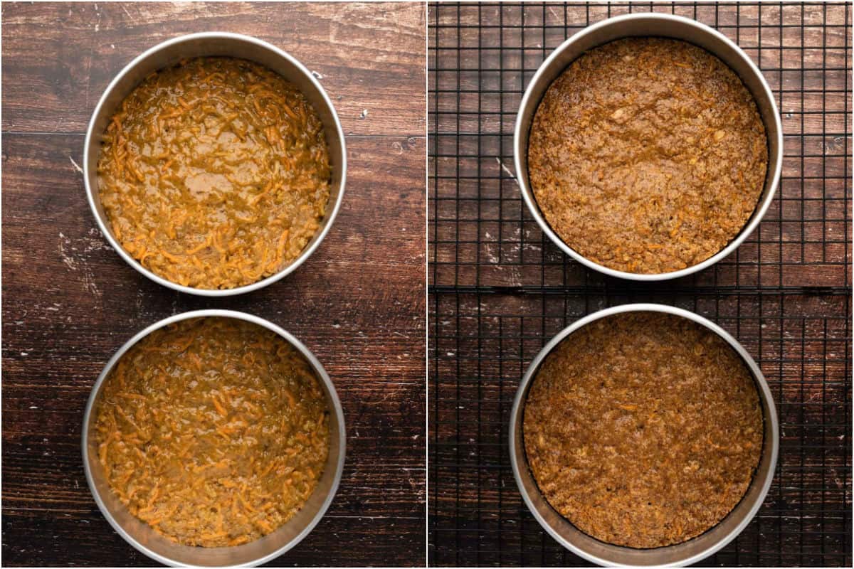 Two photo collage showing carrot cake before and after baking.
