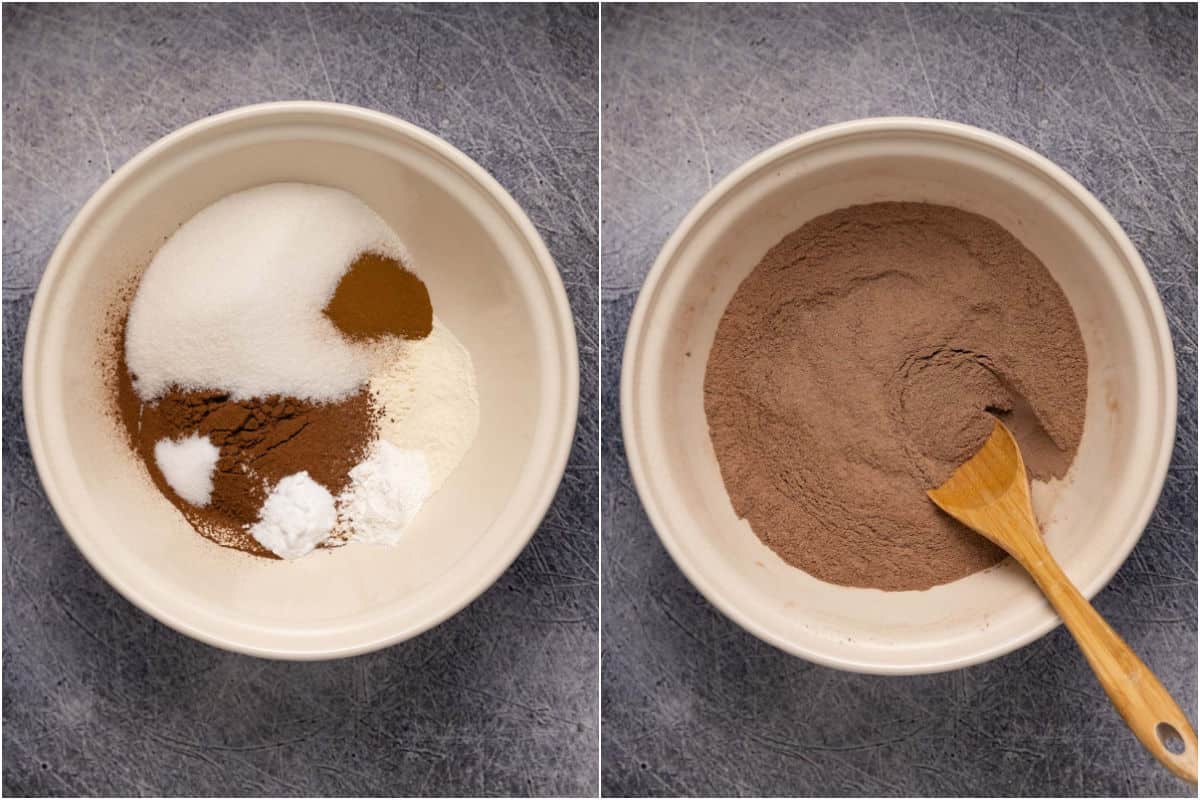 Two photo collage of dry ingredients added to mixing bowl and then mixed together.