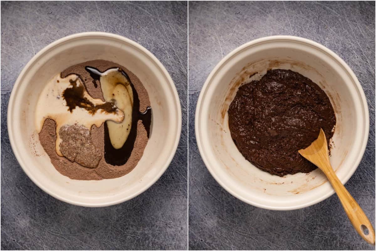 Collage of two photos showing wet ingredients added to mixing bowl and mixed into a cake batter.