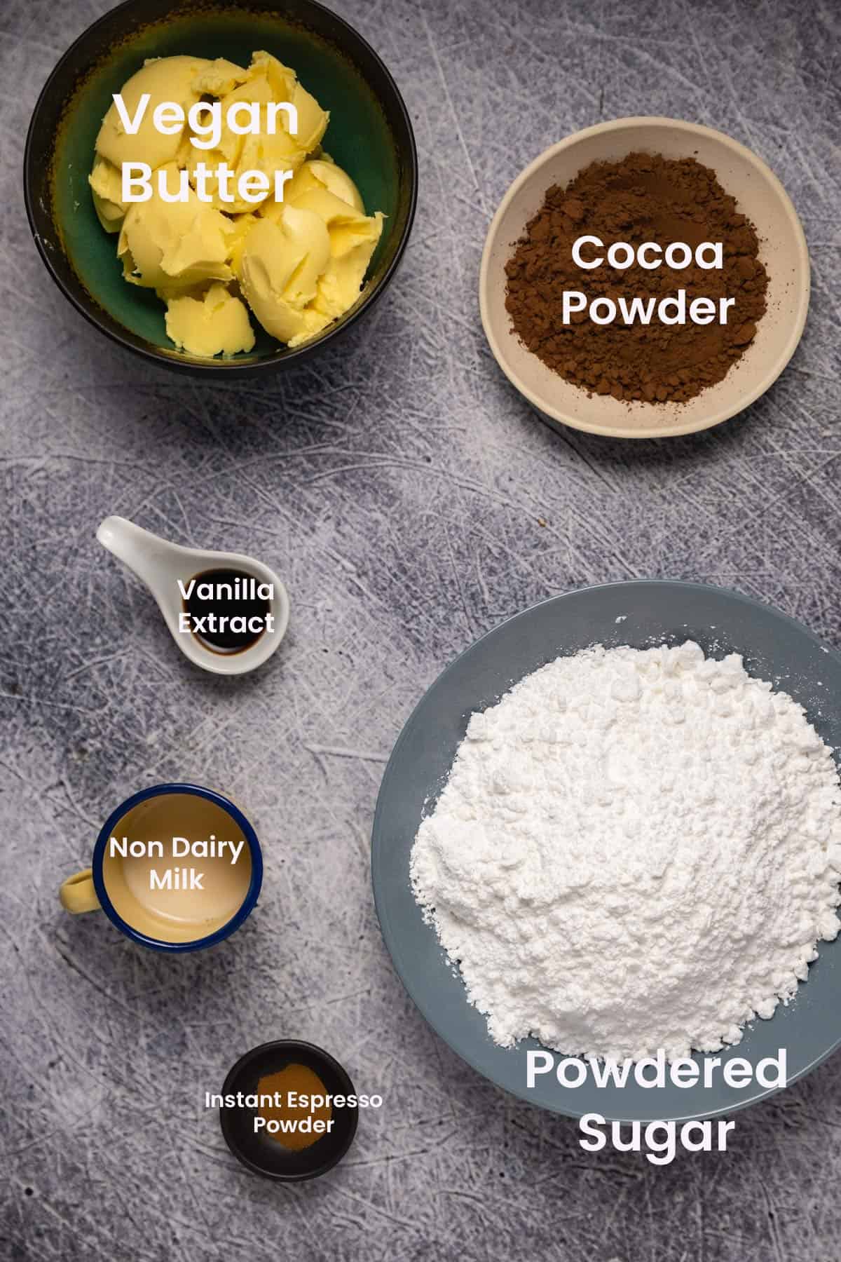 Photo of the ingredients needed to make chocolate buttercream frosting.
