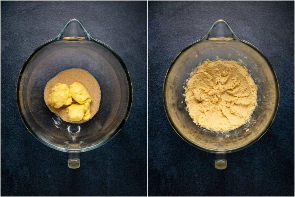 Collage of two photos showing vegan butter and sugar added to stand mixer and creamed together. 