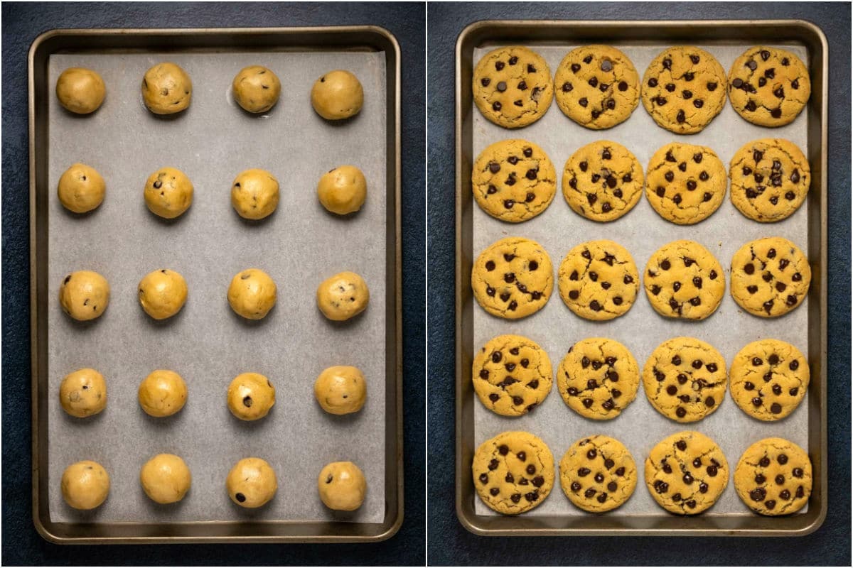 Two photo collage showing cookies on a baking tray before and after baking.