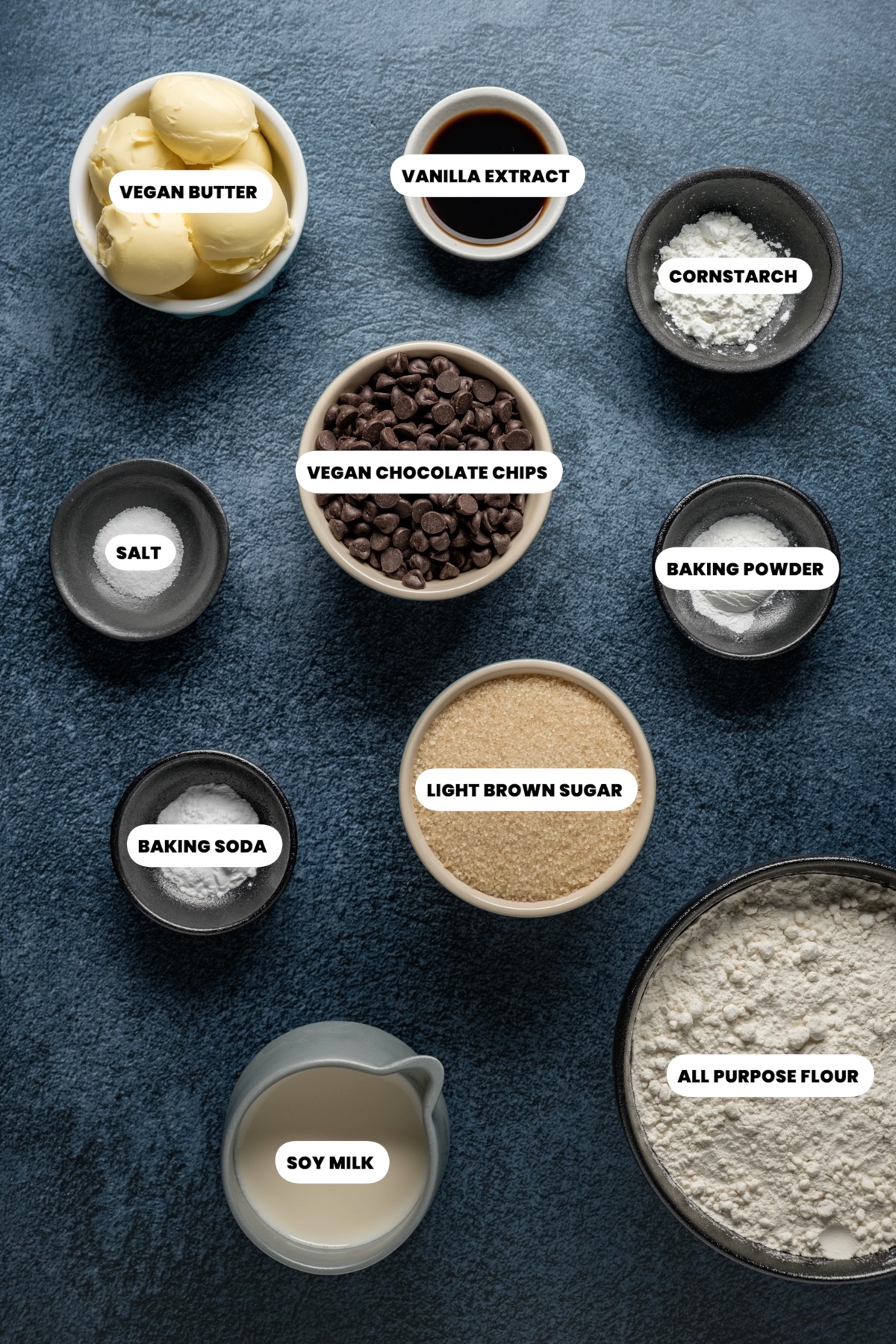 Photo of the ingredients needed to make vegan chocolate chip cookies. 