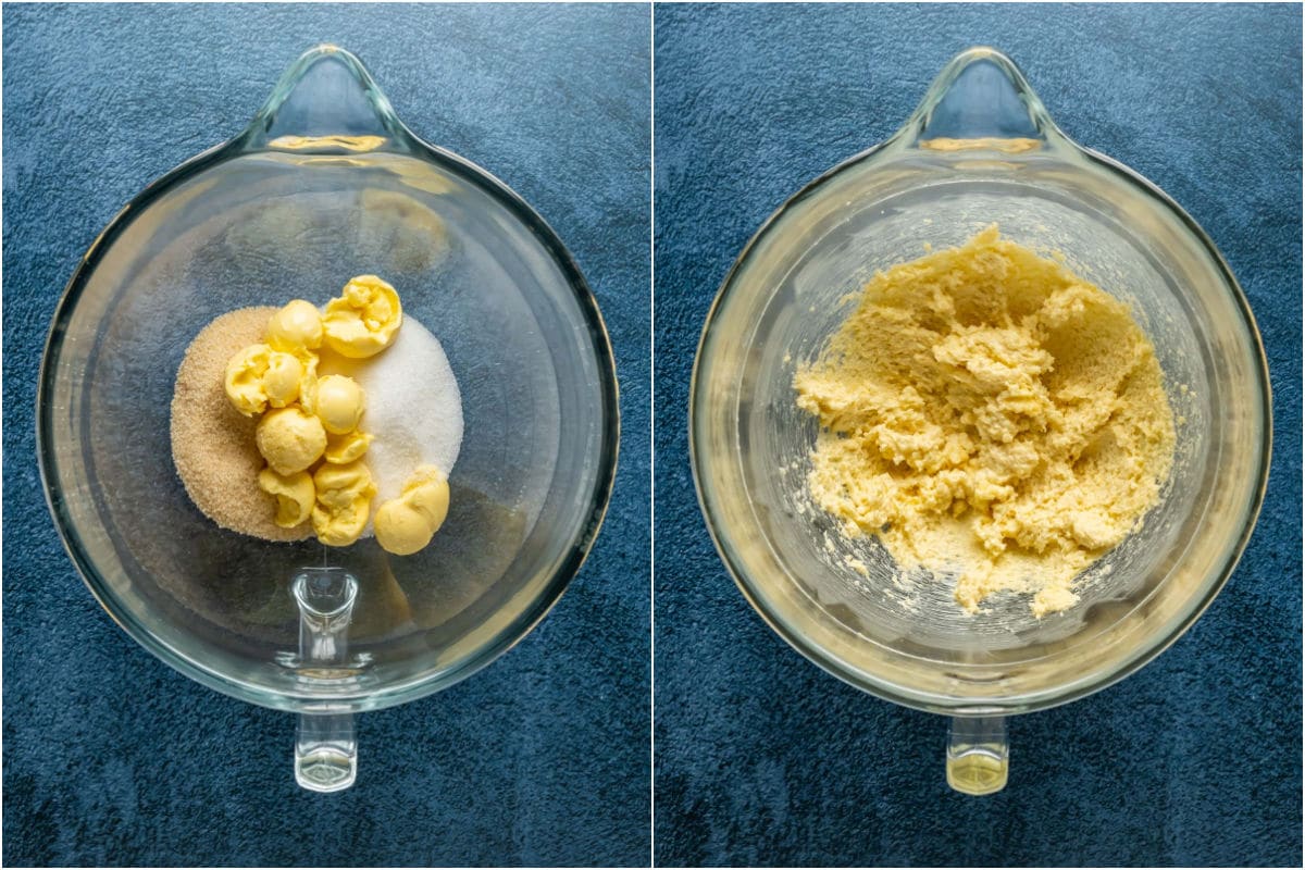 Two photo collage showing vegan butter and sugar added to stand mixer and creamed together.
