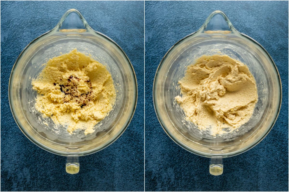 Two photo collage showing vanilla added to butter and sugar and mixed in.