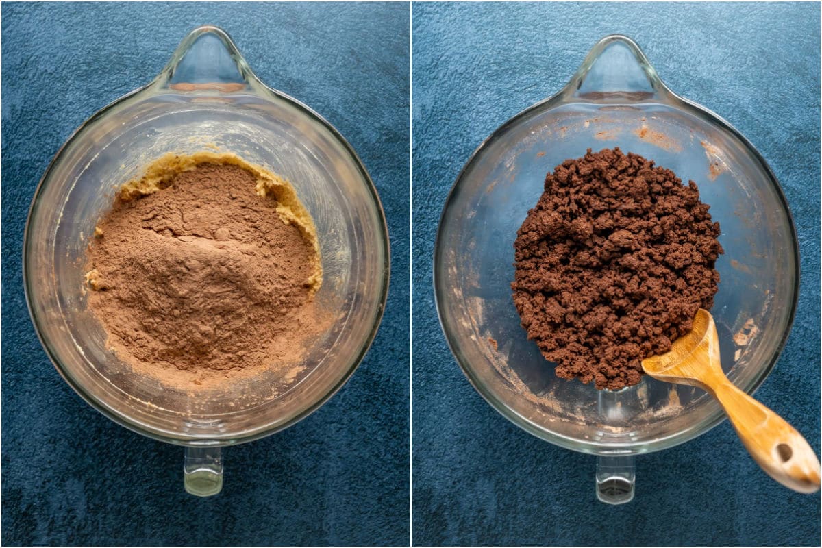 Two photo collage showing dry ingredients added to wet and mixed into a crumbly dough.