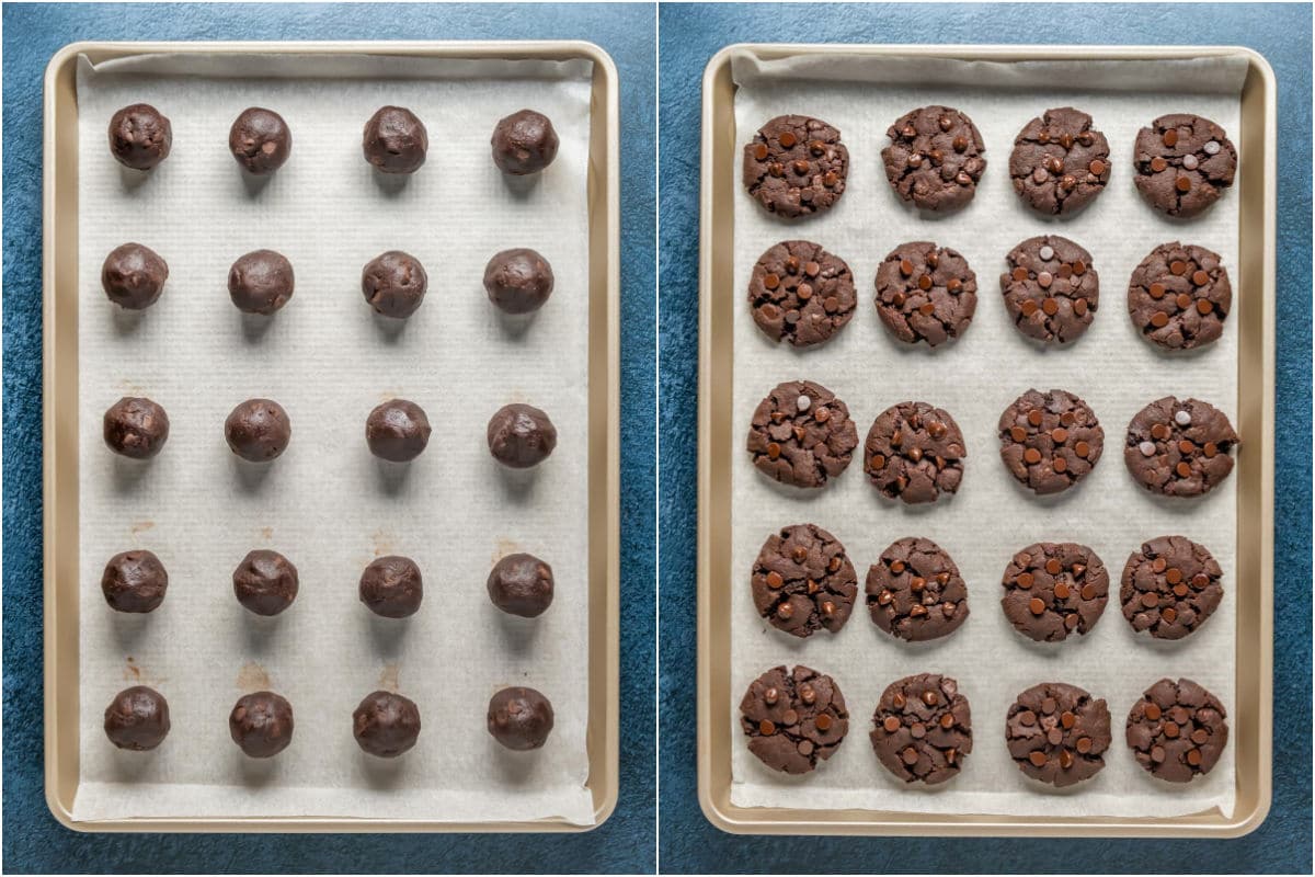 Two photo collage showing chocolate cookies before and after baking.