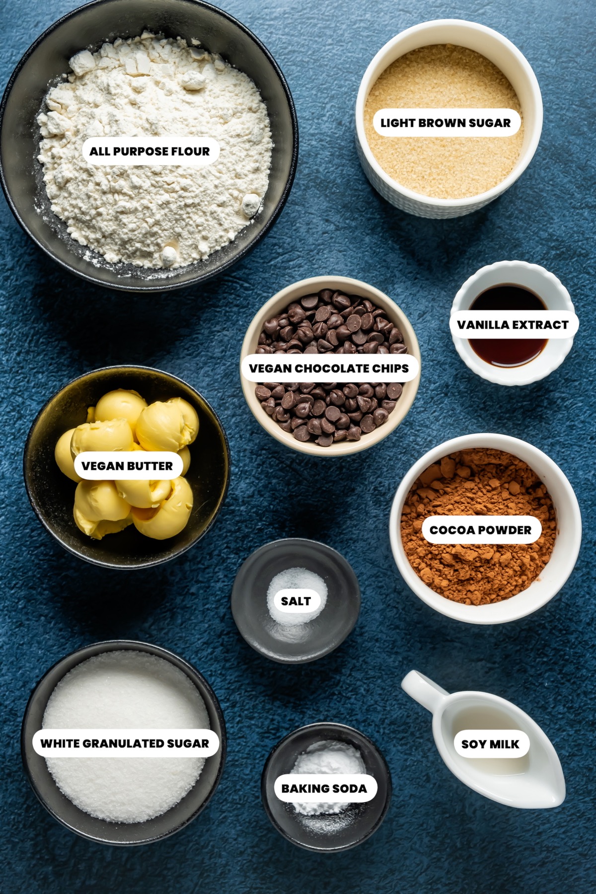 Photo of the ingredients needed to make vegan chocolate cookies.